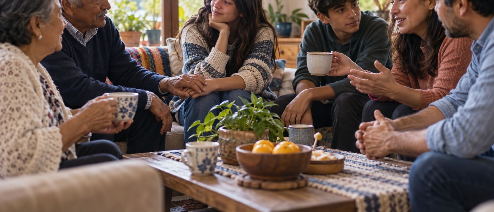 Familia de varias generaciones reunida en una sala cálida, compartiendo
