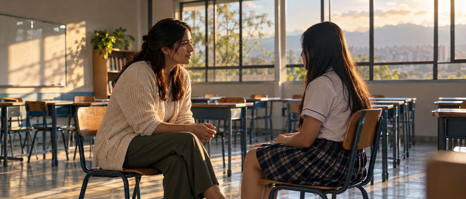 Una orientadora y un estudiante conversando sentados a la misma altura en un salón vacío